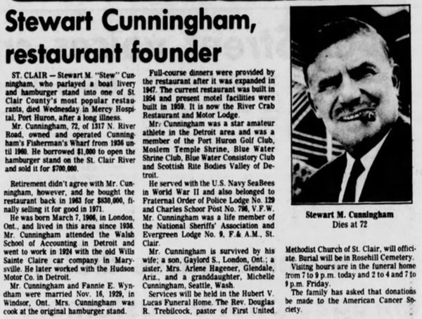 River Crab Blue Water Inn (Stew Cunninghams Fishermans Wharf) - Aug 1978 Stewart Cunningham Obituary